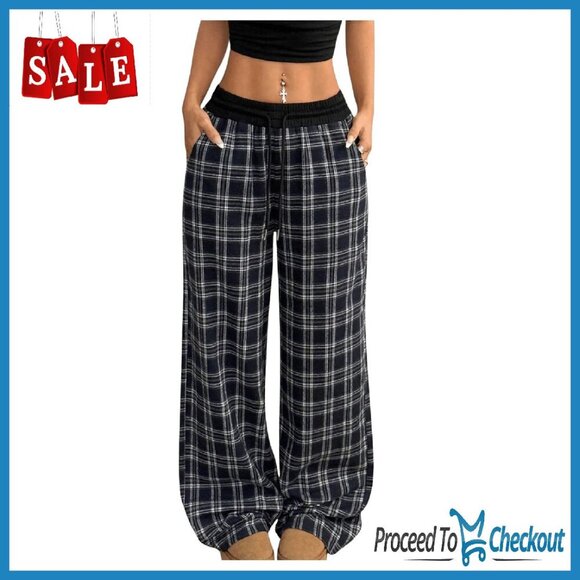 Women's Plaid Flannel Pajama Pants Wide Leg Lounge Sweatpants with Pockets